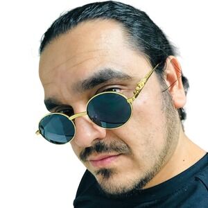 Round Sunglasses Dark Black Lens Gold Metal Frame Men's Fashion‎ Shades Lentes